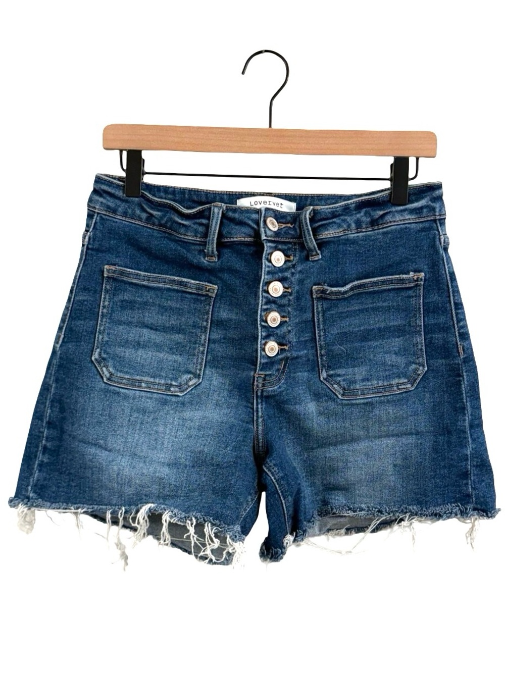 Lovervet Denim High-Rise Button-Fly Frayed Hem Shorts - Blue